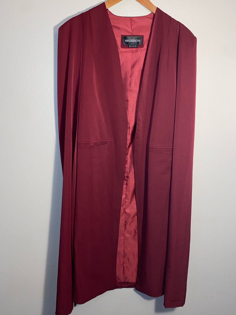 HAODUOYI Burgundy Open Front Longline Cape Blazer Jacket - Size 10
